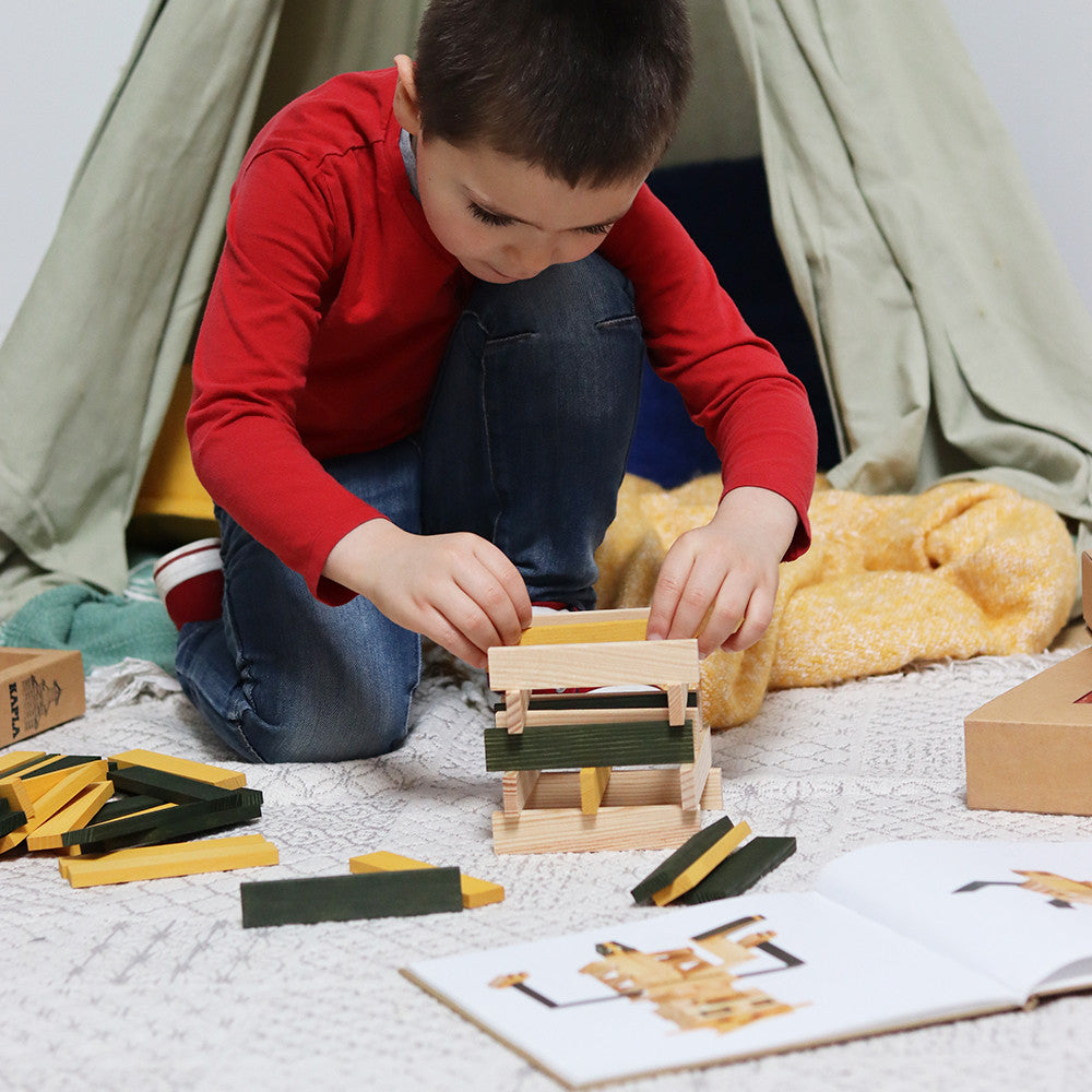Kapla Doos met 40 plankjes (groen/geel) + boek