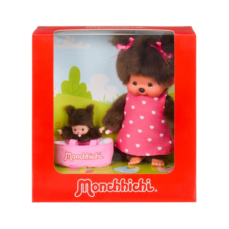 Monchhichi (20cm) met MiniBebichhichi in draagmandje
