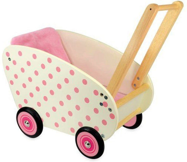 Poppenwagen wit met roze stippen