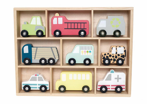 Houten voertuigen in kist (10-delig)
