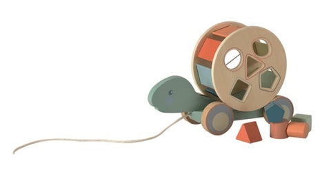 Houten trekfiguur Schildpad met blokken. 27x10x19cm. 1+